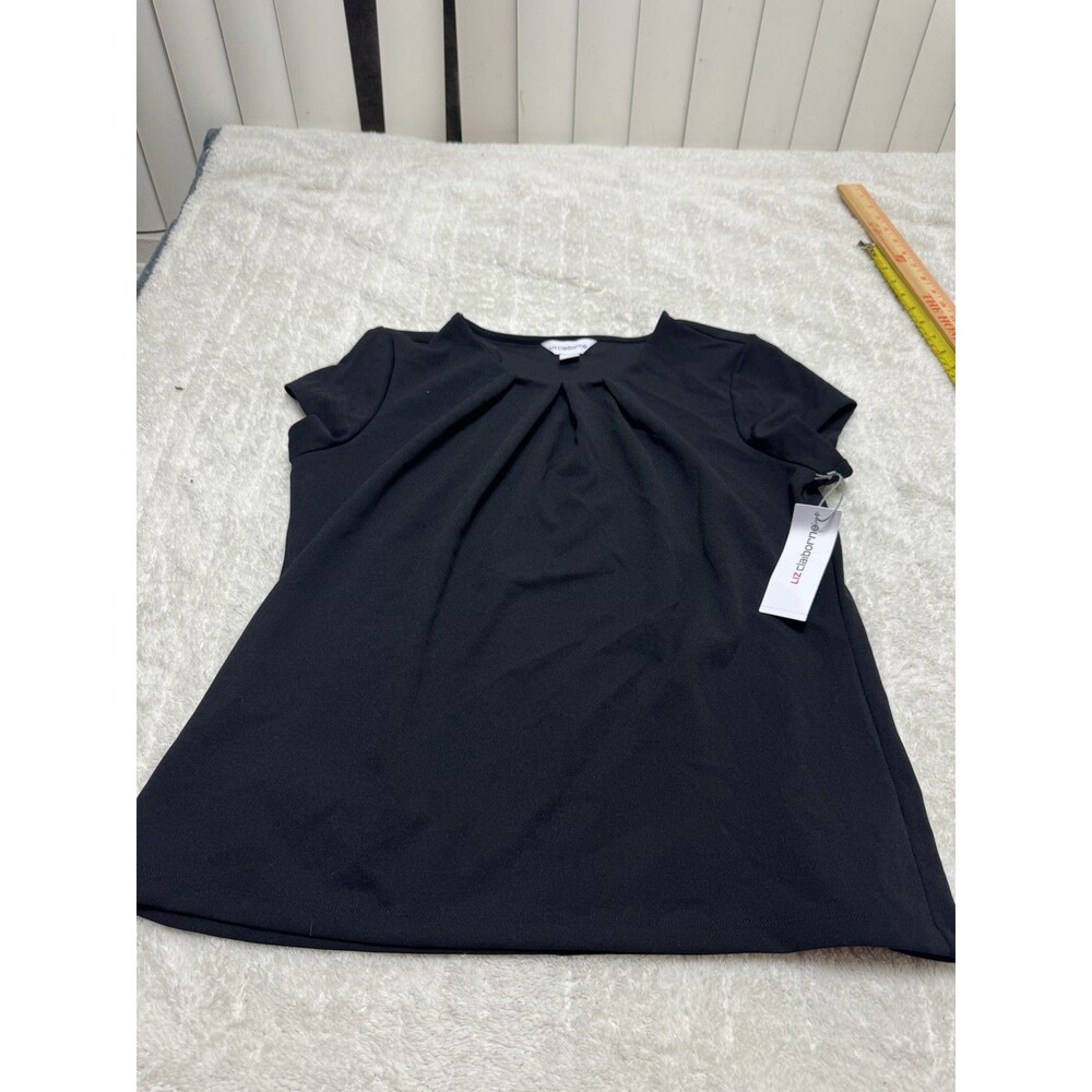 Liz Claiborne Women’s Black Short Sleeve Pleated Neck Blouse Top Size L NWT